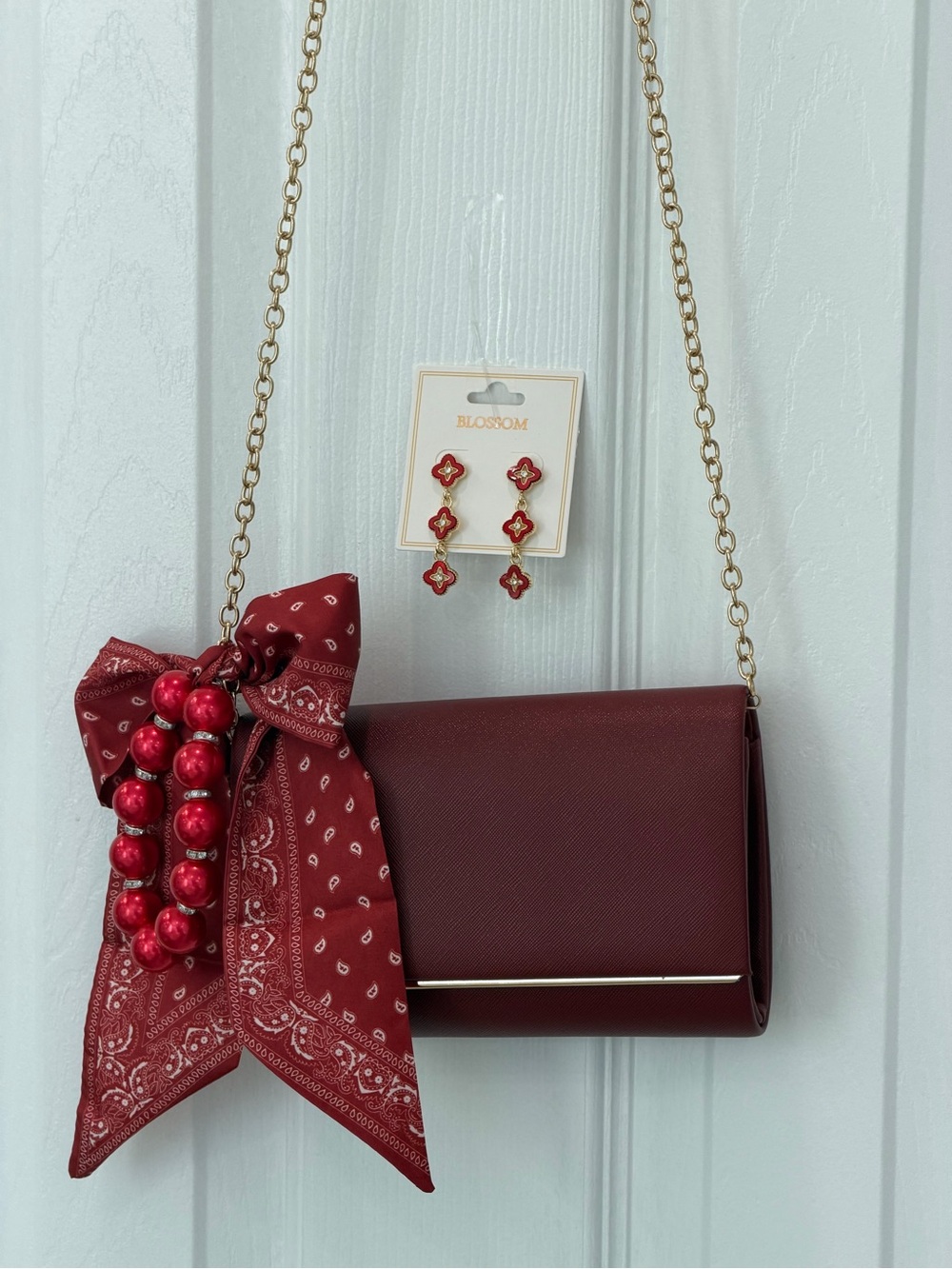 Chic Wine-Red Chain Crossbody Bag with Bandana Bow& earrings